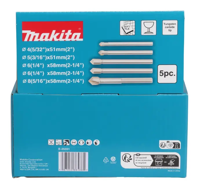 SET DE 5 BROCAS PARA VIDRIO (4x51mm, 5x51mm,6x58mm x2und,8x58mm) MAKITA
